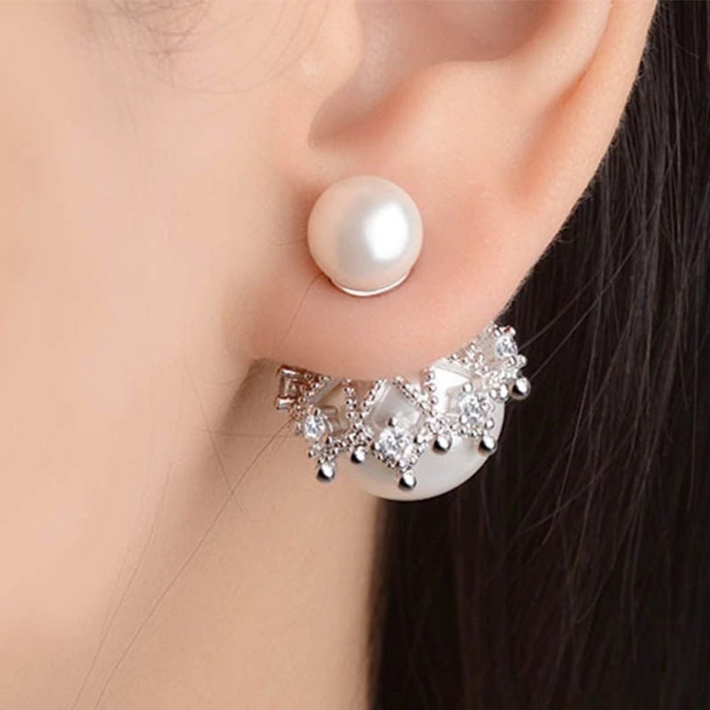 NEW 925 Sterling Silver Diamond Pearl Earrings V - Picture 2 of 11